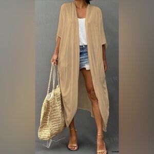 TIC:TOC SHEER/MESH OPEN FRONT KIMONO. ARUBA SANDS COLOR. GENTLY WORN/STYLED O/S
